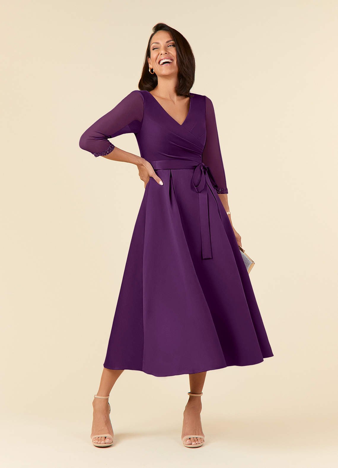 Maritza A-Line V-Neck Mesh and Matte Satin Mother of the Bride Dress in Grape