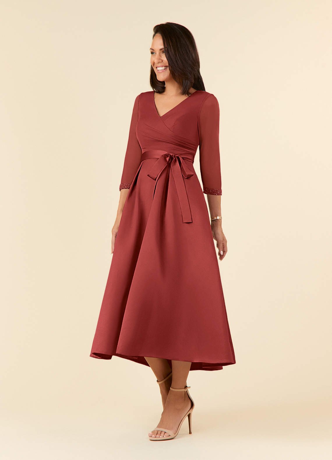 Maritza A-Line V-Neck Mesh and Matte Satin Mother of the Bride Dress in Burgundy