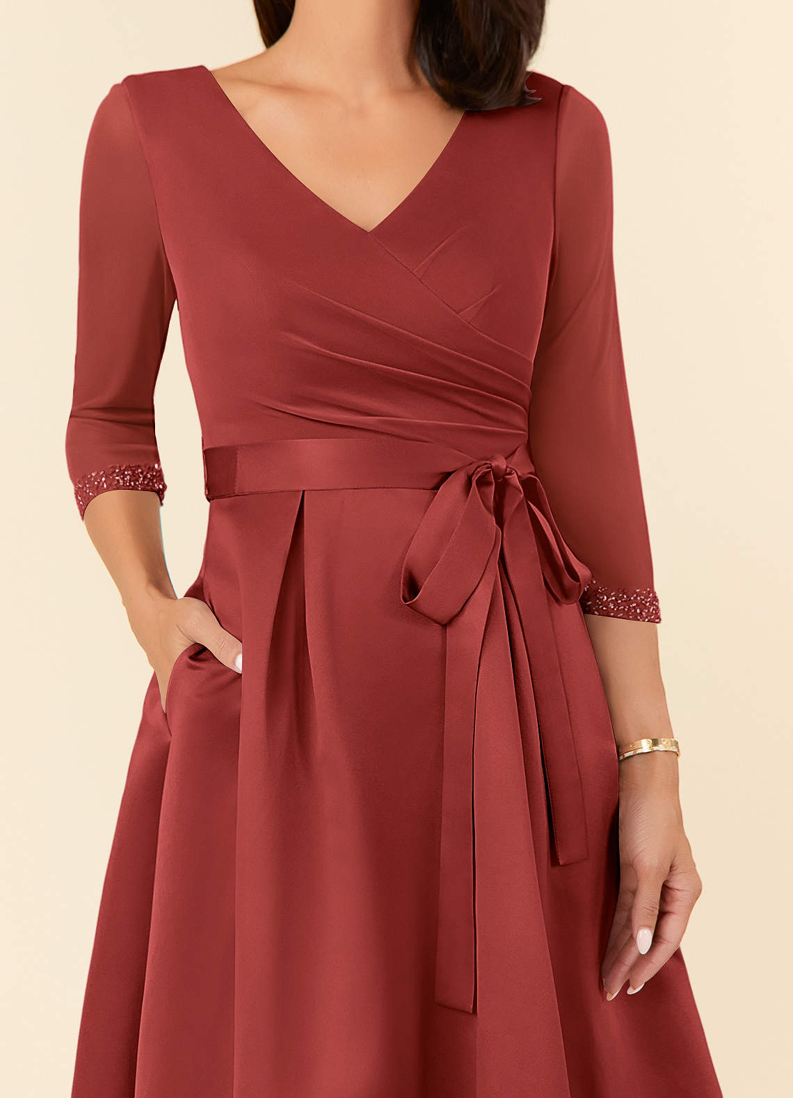 Maritza A-Line V-Neck Mesh and Matte Satin Mother of the Bride Dress in Burgundy