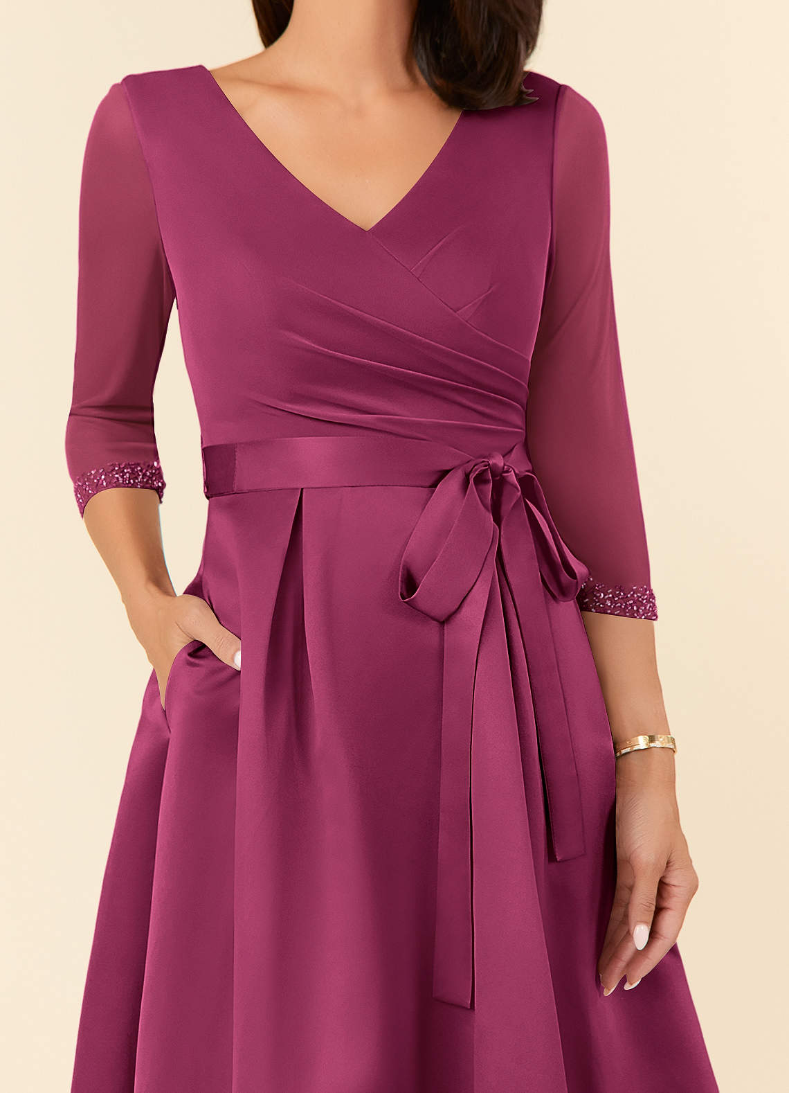 Maritza A-Line V-Neck Mesh and Matte Satin Mother of the Bride Dress in Rust