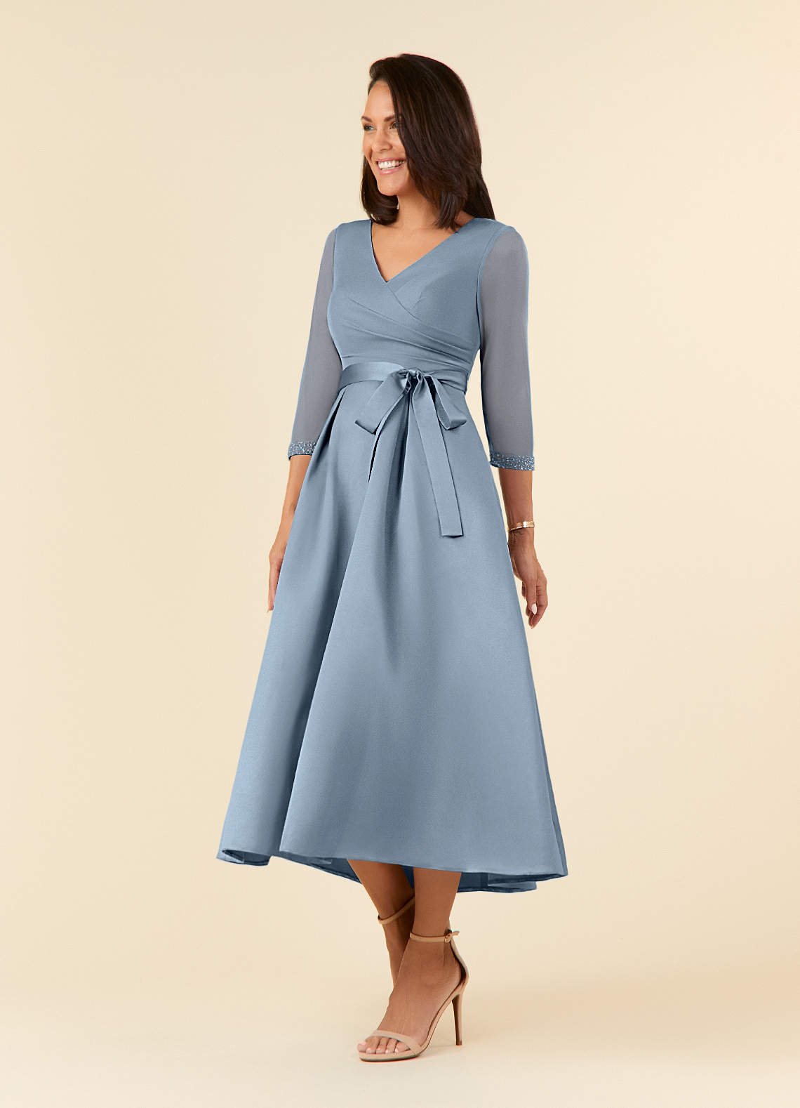 Maritza A-Line V-Neck Mesh and Matte Satin Mother of the Bride Dress in dusty blue