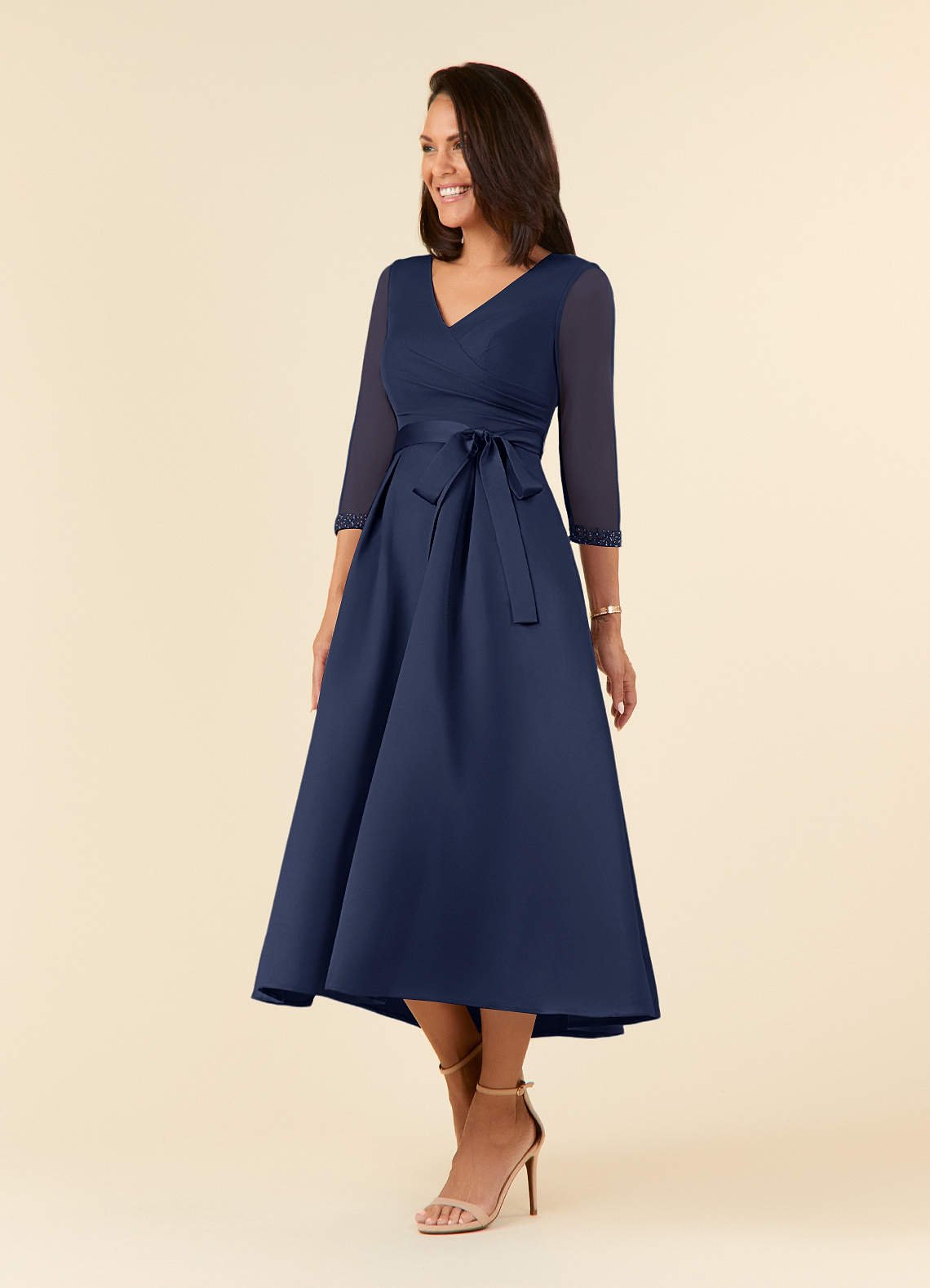 Maritza A-Line V-Neck Mesh and Matte Satin Mother of the Bride Dress in Dark Navy