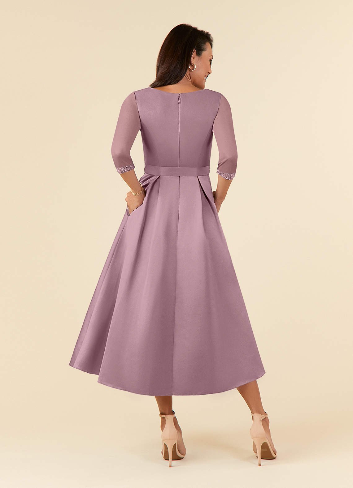 Maritza A-Line V-Neck Mesh and Matte Satin Mother of the Bride Dress in Dusty Rose