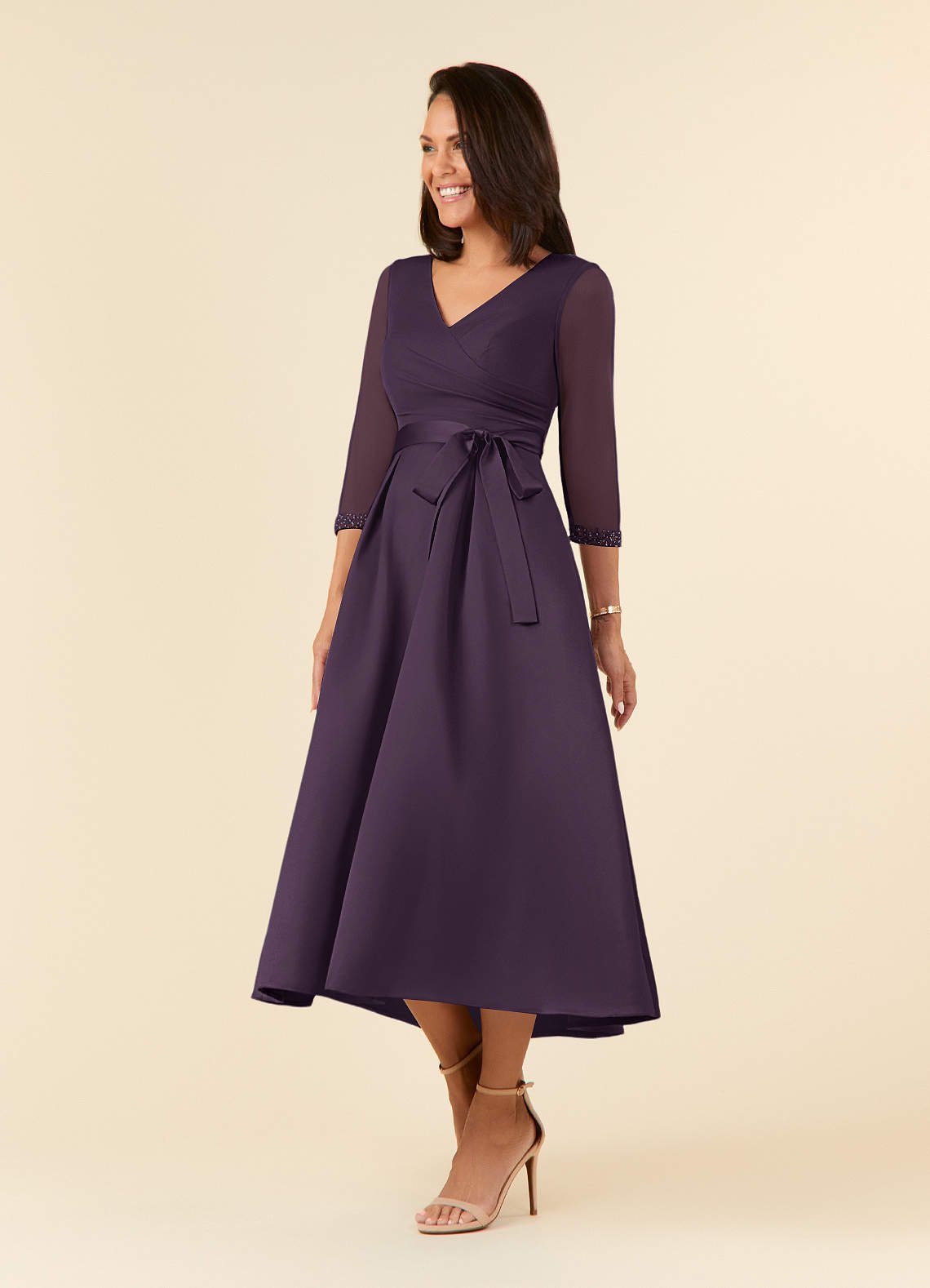 Maritza A-Line V-Neck Mesh and Matte Satin Mother of the Bride Dress in Plum