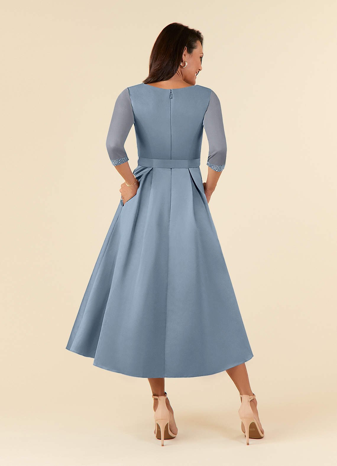 Maritza A-Line V-Neck Mesh and Matte Satin Mother of the Bride Dress in dusty blue
