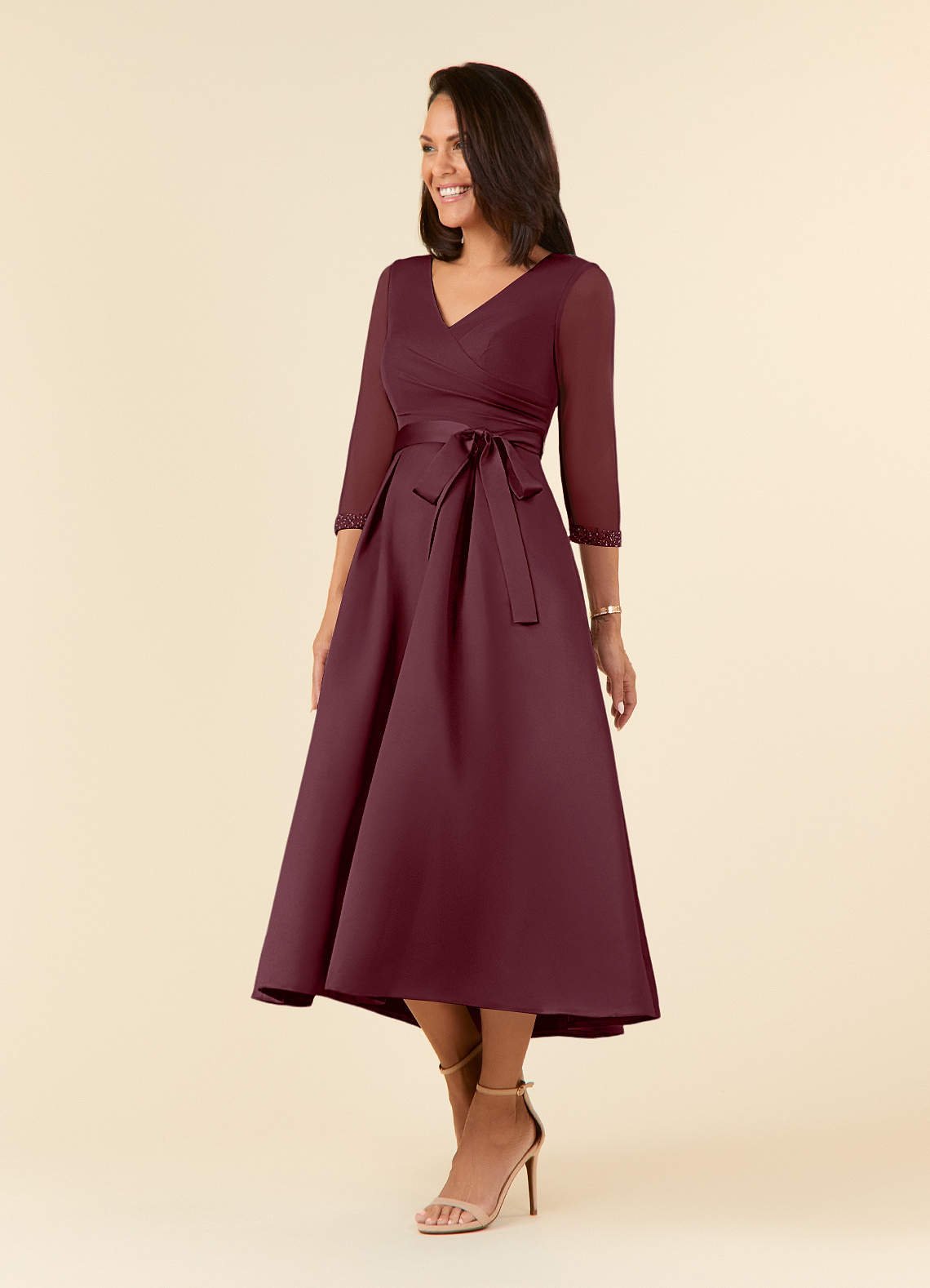 Maritza A-Line V-Neck Mesh and Matte Satin Mother of the Bride Dress in Cabernet