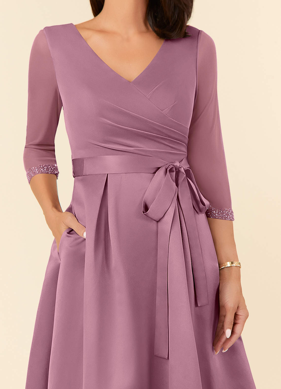 Maritza A-Line V-Neck Mesh and Matte Satin Mother of the Bride Dress in Vintage Mauve
