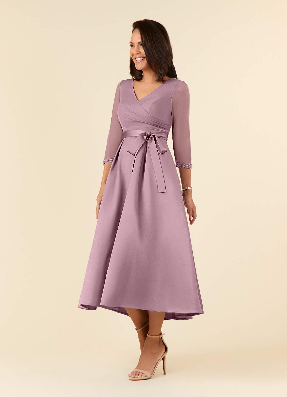 Maritza A-Line V-Neck Mesh and Matte Satin Mother of the Bride Dress in Dusty Rose