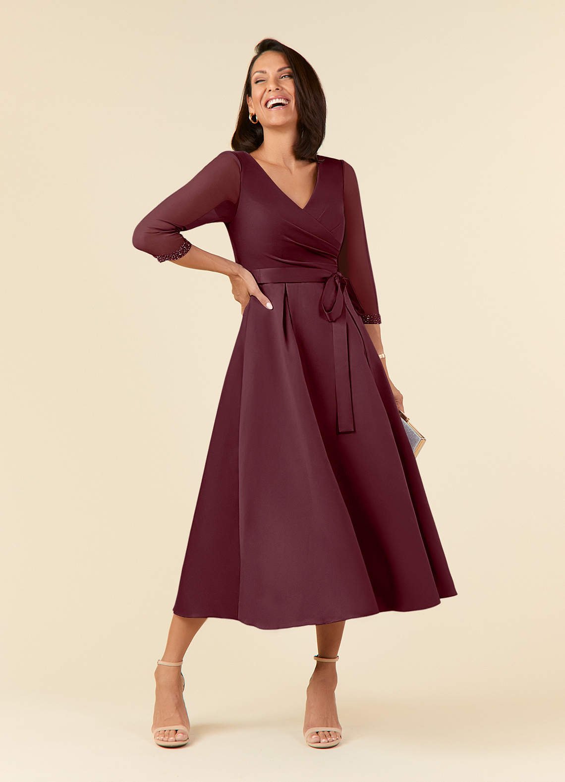 Maritza A-Line V-Neck Mesh and Matte Satin Mother of the Bride Dress in Cabernet