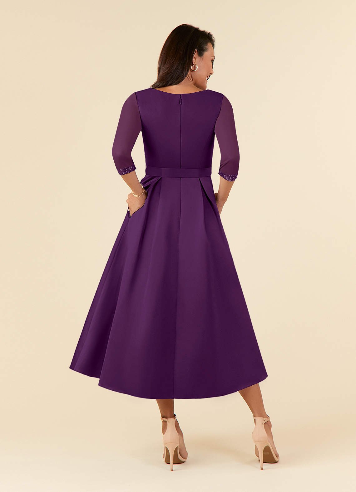 Maritza A-Line V-Neck Mesh and Matte Satin Mother of the Bride Dress in Grape