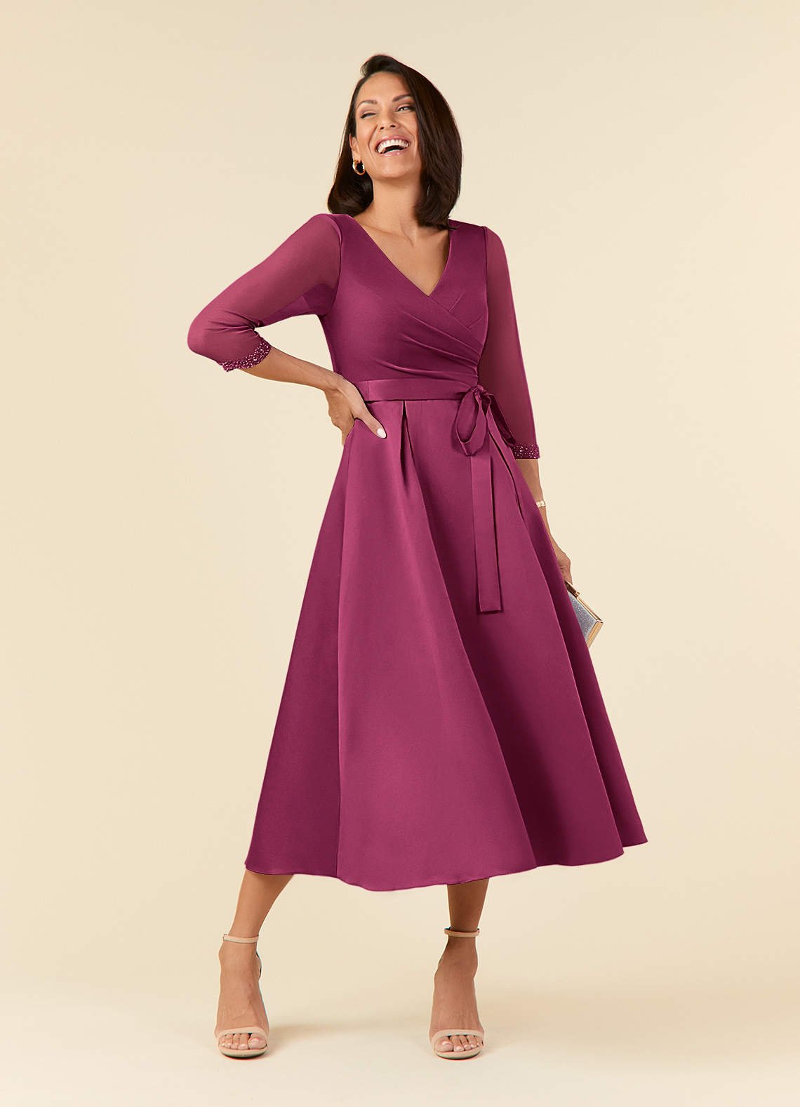 Maritza A-Line V-Neck Mesh and Matte Satin Mother of the Bride Dress in Rust