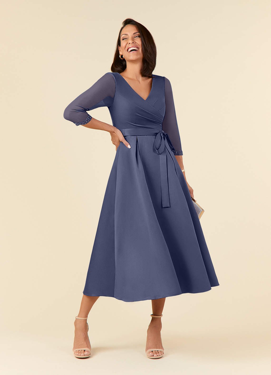 Maritza A-Line V-Neck Mesh and Matte Satin Mother of the Bride Dress in Stormy