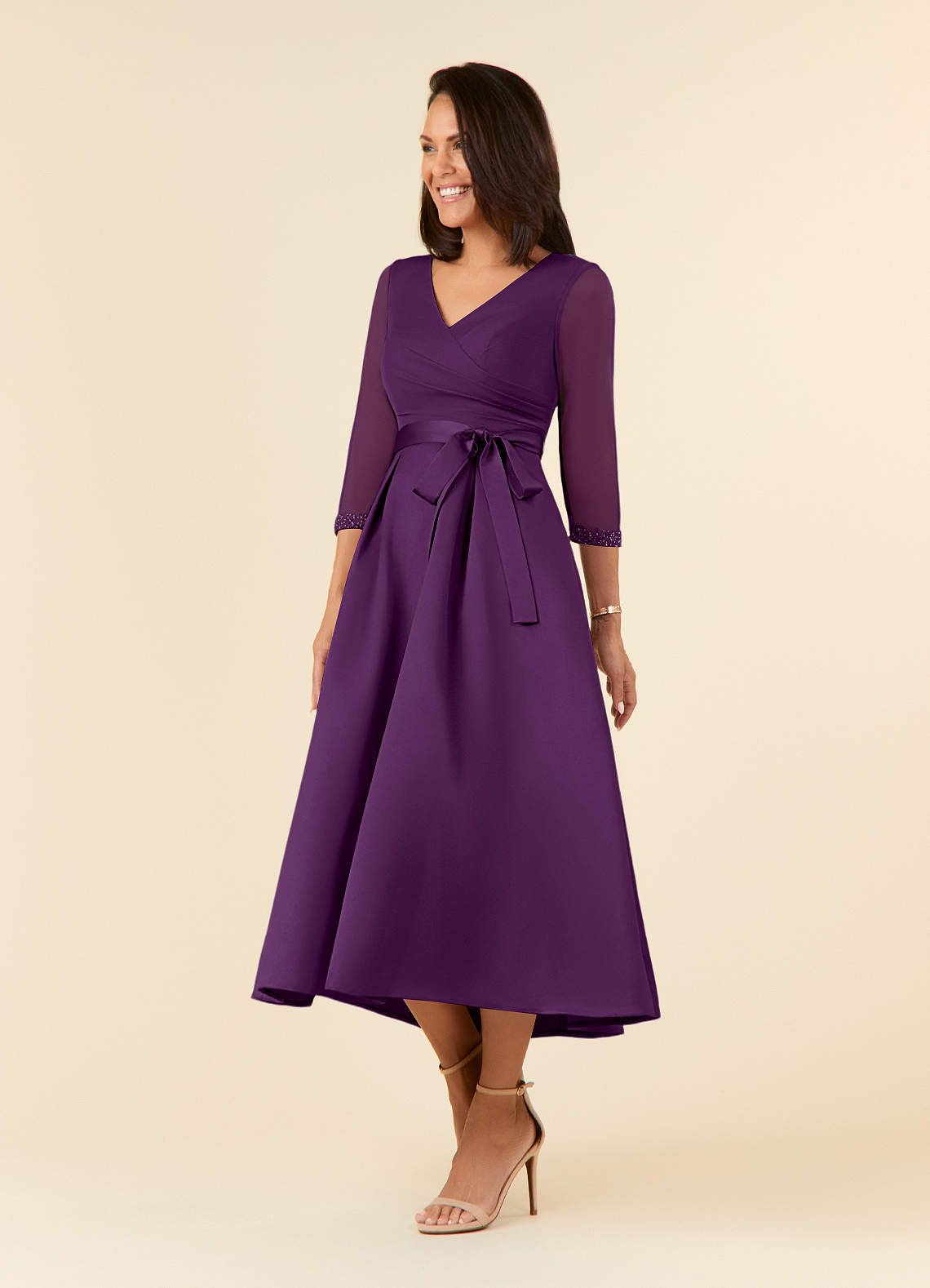 Maritza A-Line V-Neck Mesh and Matte Satin Mother of the Bride Dress in Grape