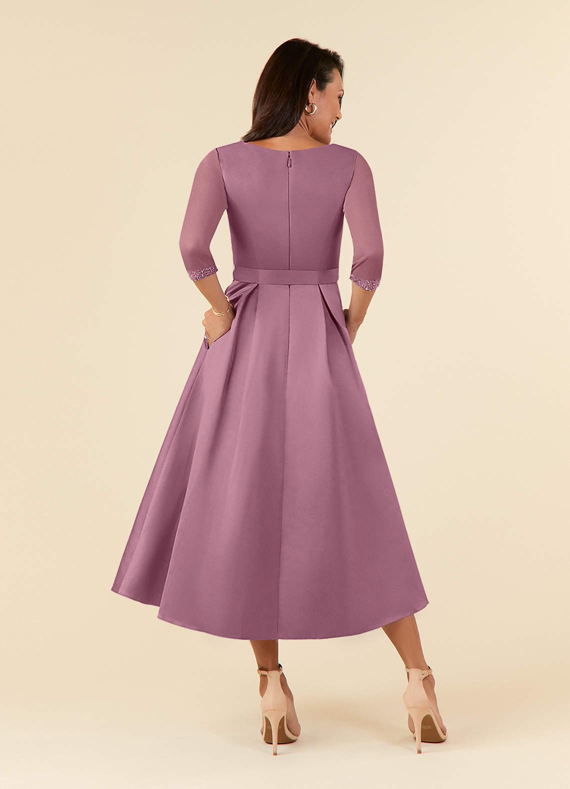 Maritza A-Line V-Neck Mesh and Matte Satin Mother of the Bride Dress in Vintage Mauve