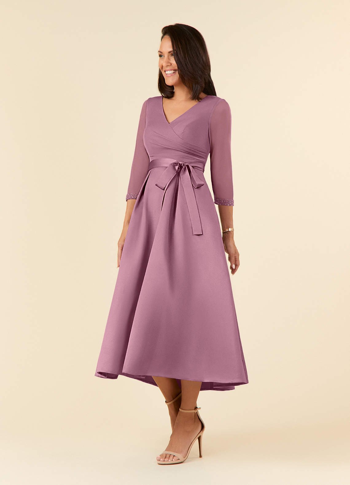 Maritza A-Line V-Neck Mesh and Matte Satin Mother of the Bride Dress in Vintage Mauve