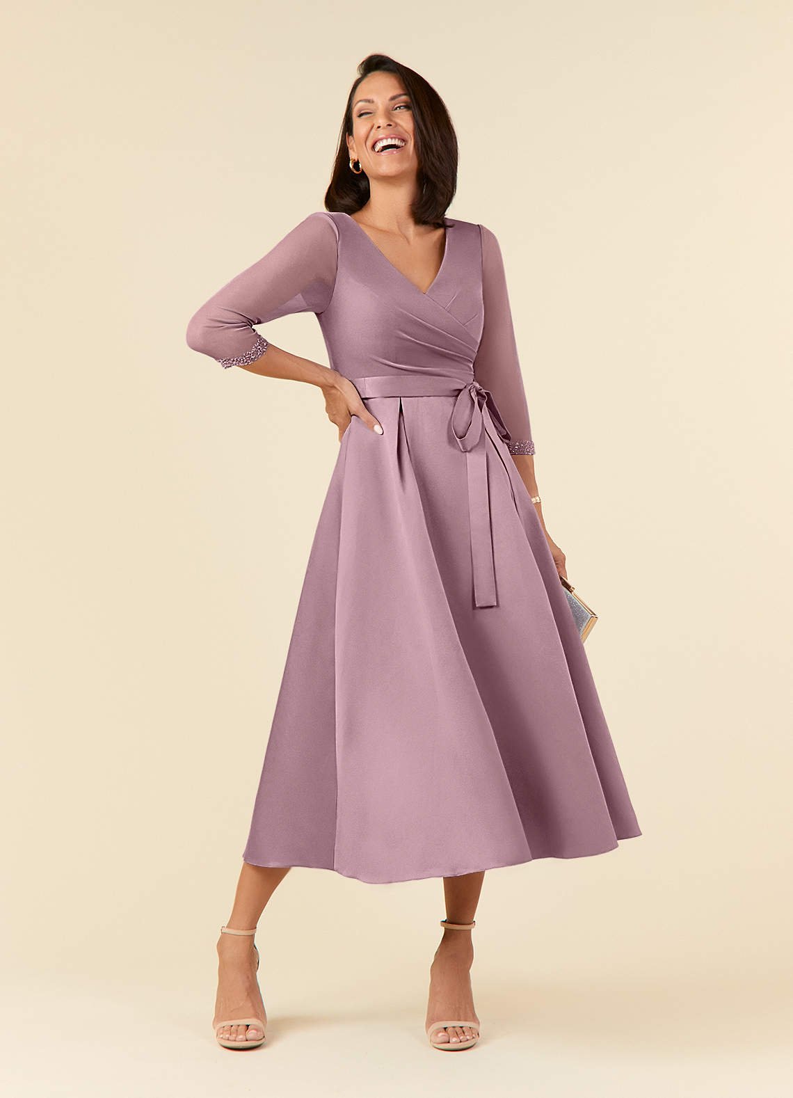 Maritza A-Line V-Neck Mesh and Matte Satin Mother of the Bride Dress in Dusty Rose