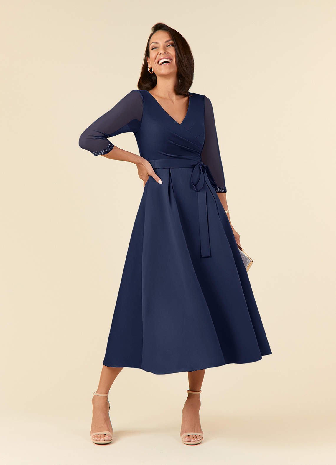 Maritza A-Line V-Neck Mesh and Matte Satin Mother of the Bride Dress in Dark Navy