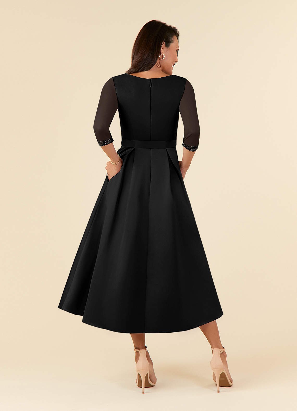 Maritza A-Line V-Neck Mesh and Matte Satin Mother of the Bride Dress in black