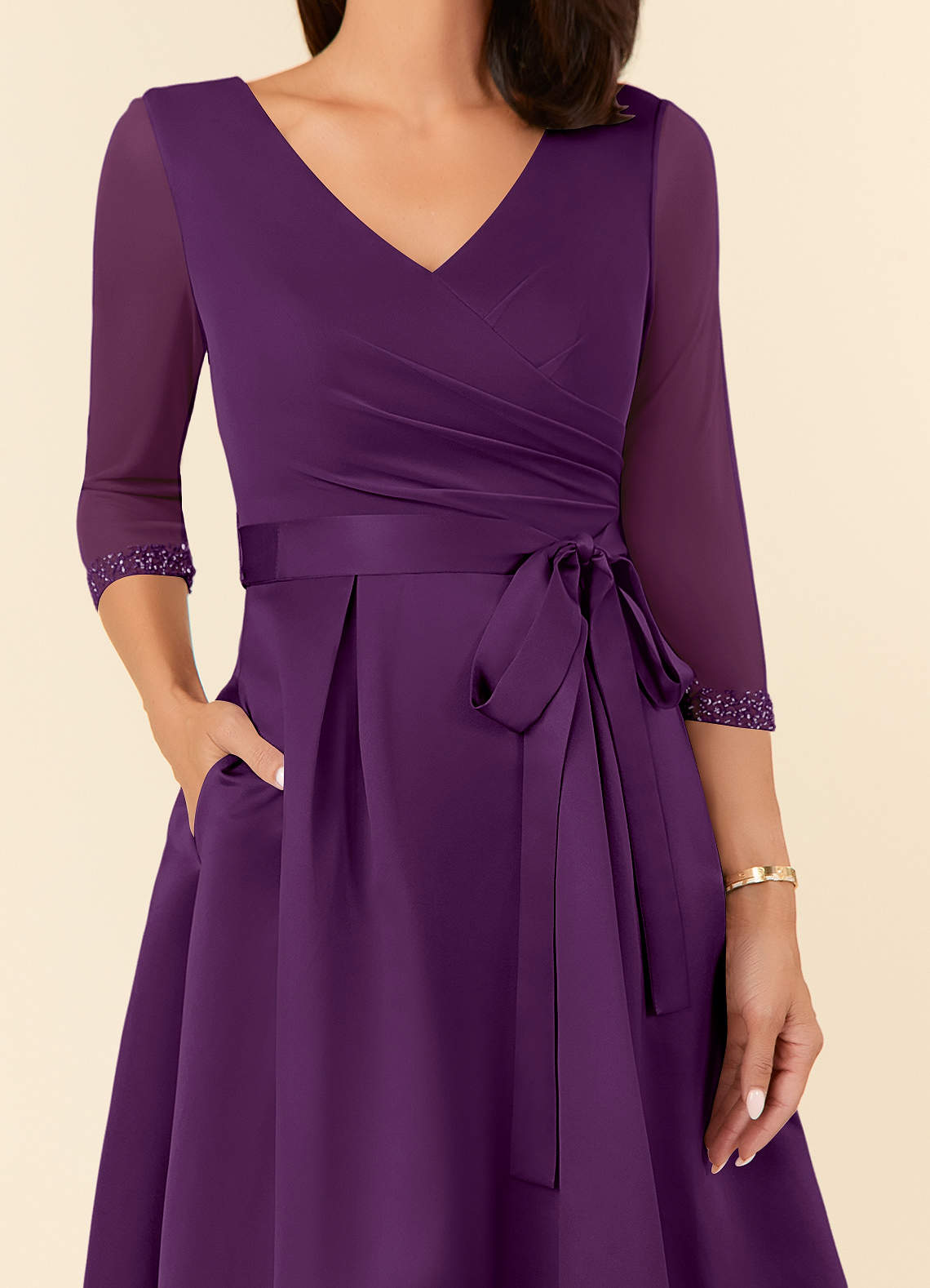 Maritza A-Line V-Neck Mesh and Matte Satin Mother of the Bride Dress in Grape