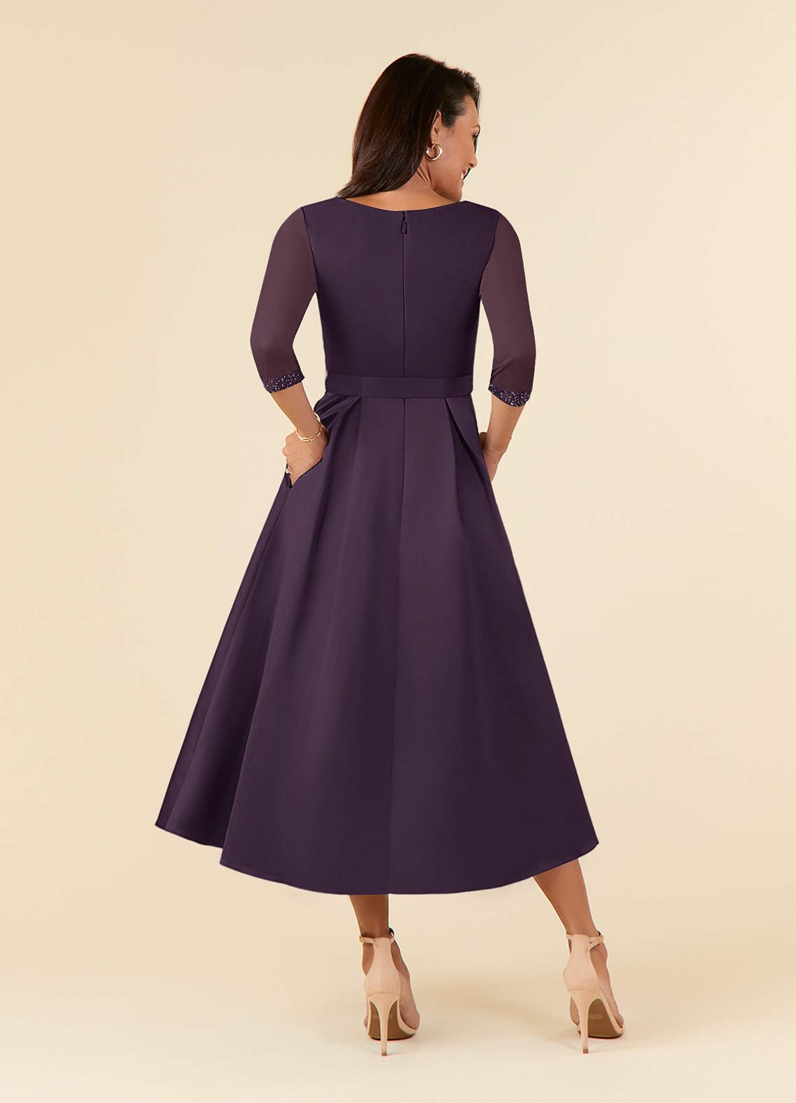 Maritza A-Line V-Neck Mesh and Matte Satin Mother of the Bride Dress in Plum