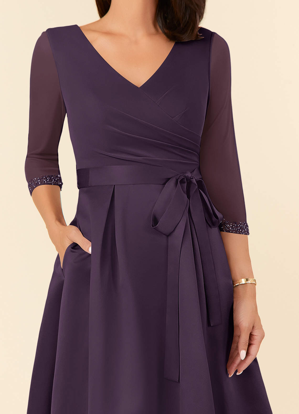 Maritza A-Line V-Neck Mesh and Matte Satin Mother of the Bride Dress in Plum