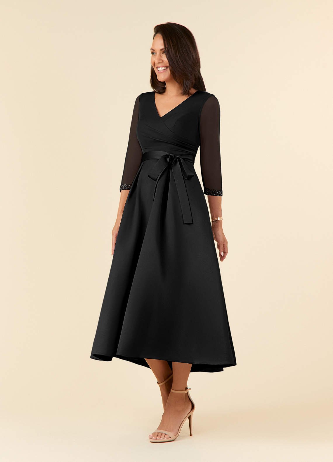Maritza A-Line V-Neck Mesh and Matte Satin Mother of the Bride Dress in black