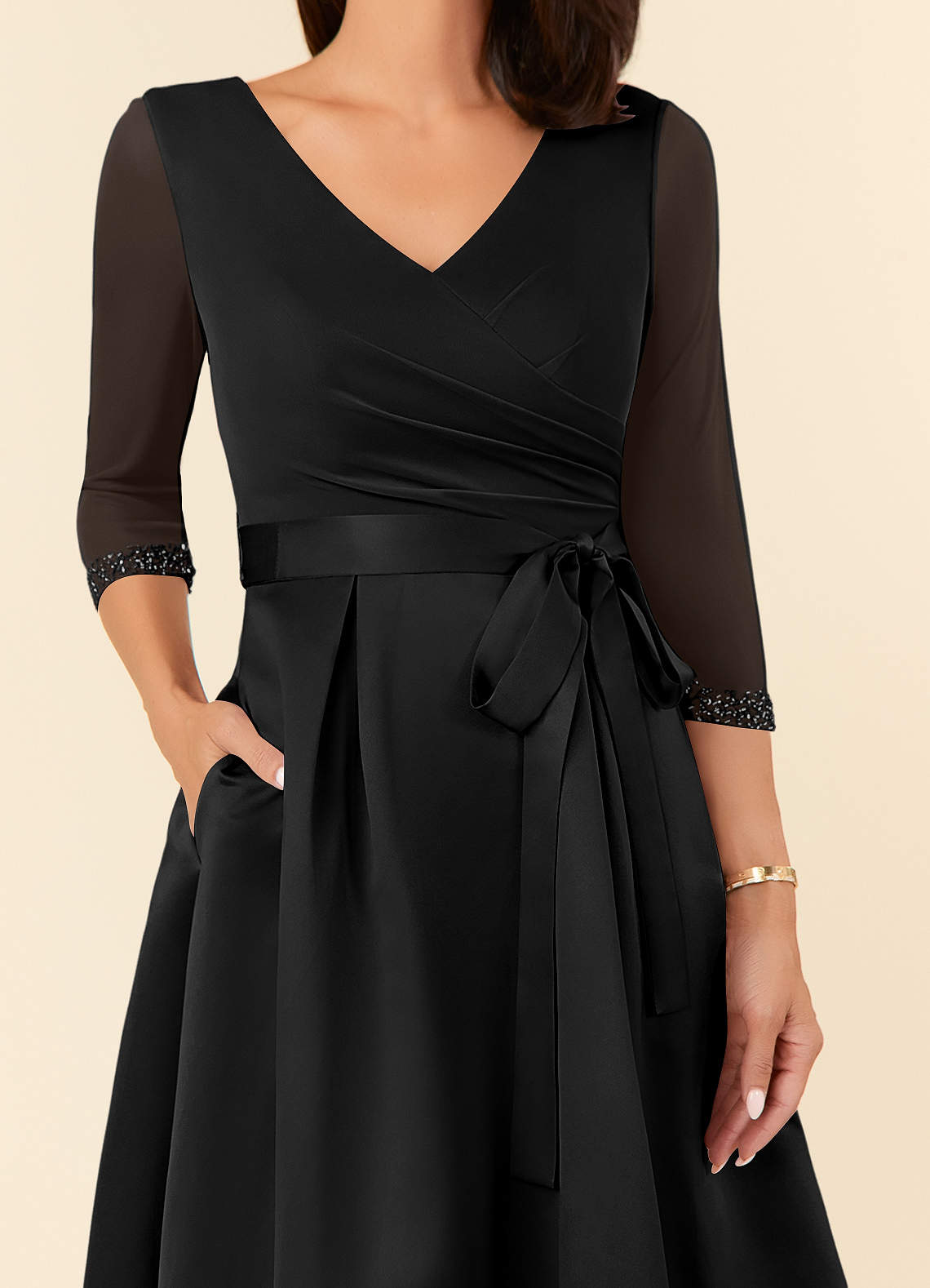 Maritza A-Line V-Neck Mesh and Matte Satin Mother of the Bride Dress in black