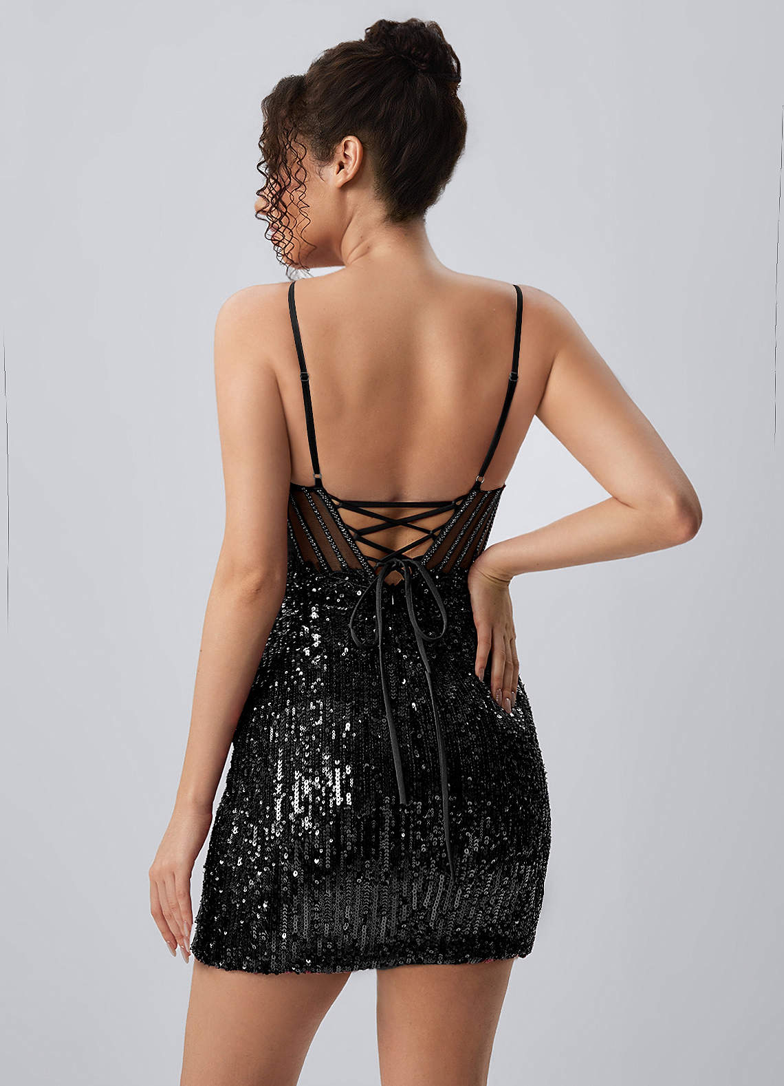 Martine Bodycon Mini V-Neck Sequin Mesh Prom Dress in black