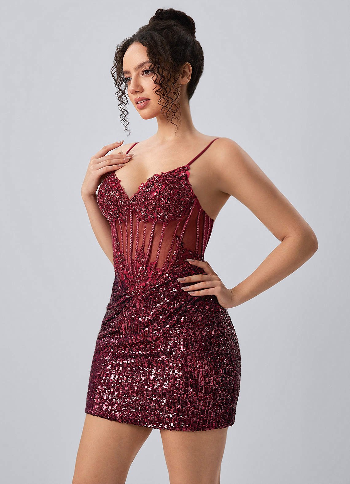 Martine Bodycon Mini V-Neck Sequin Mesh Prom Dress in Burgundy