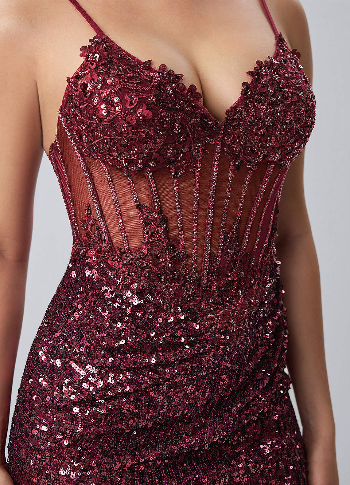 Martine Bodycon Mini V-Neck Sequin Mesh Prom Dress in Burgundy