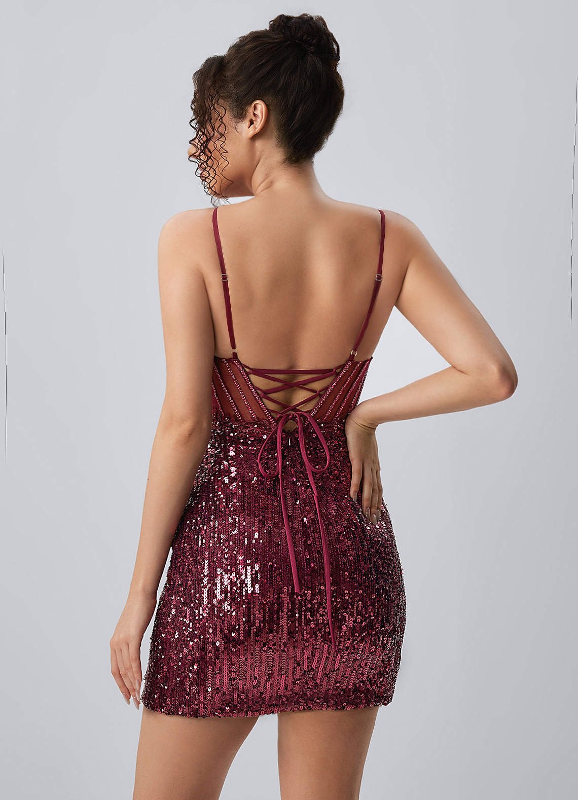 Martine Bodycon Mini V-Neck Sequin Mesh Prom Dress in Burgundy