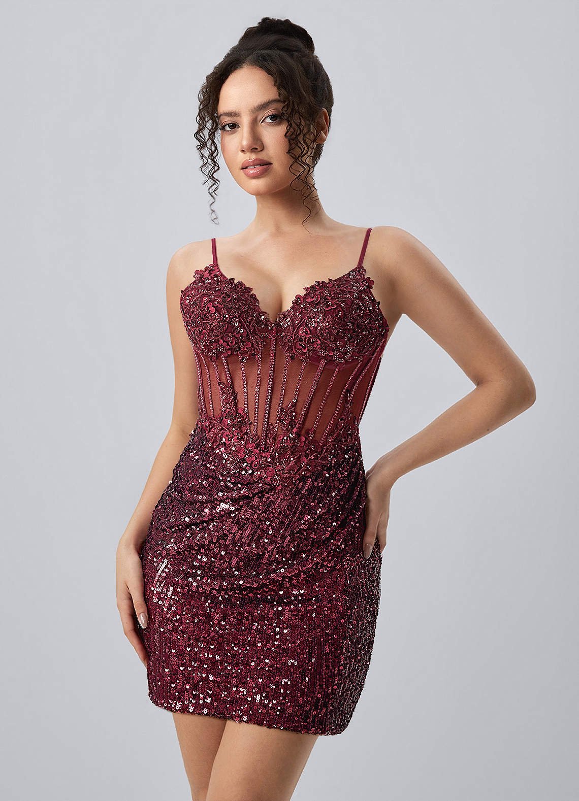 Martine Bodycon Mini V-Neck Sequin Mesh Prom Dress in black