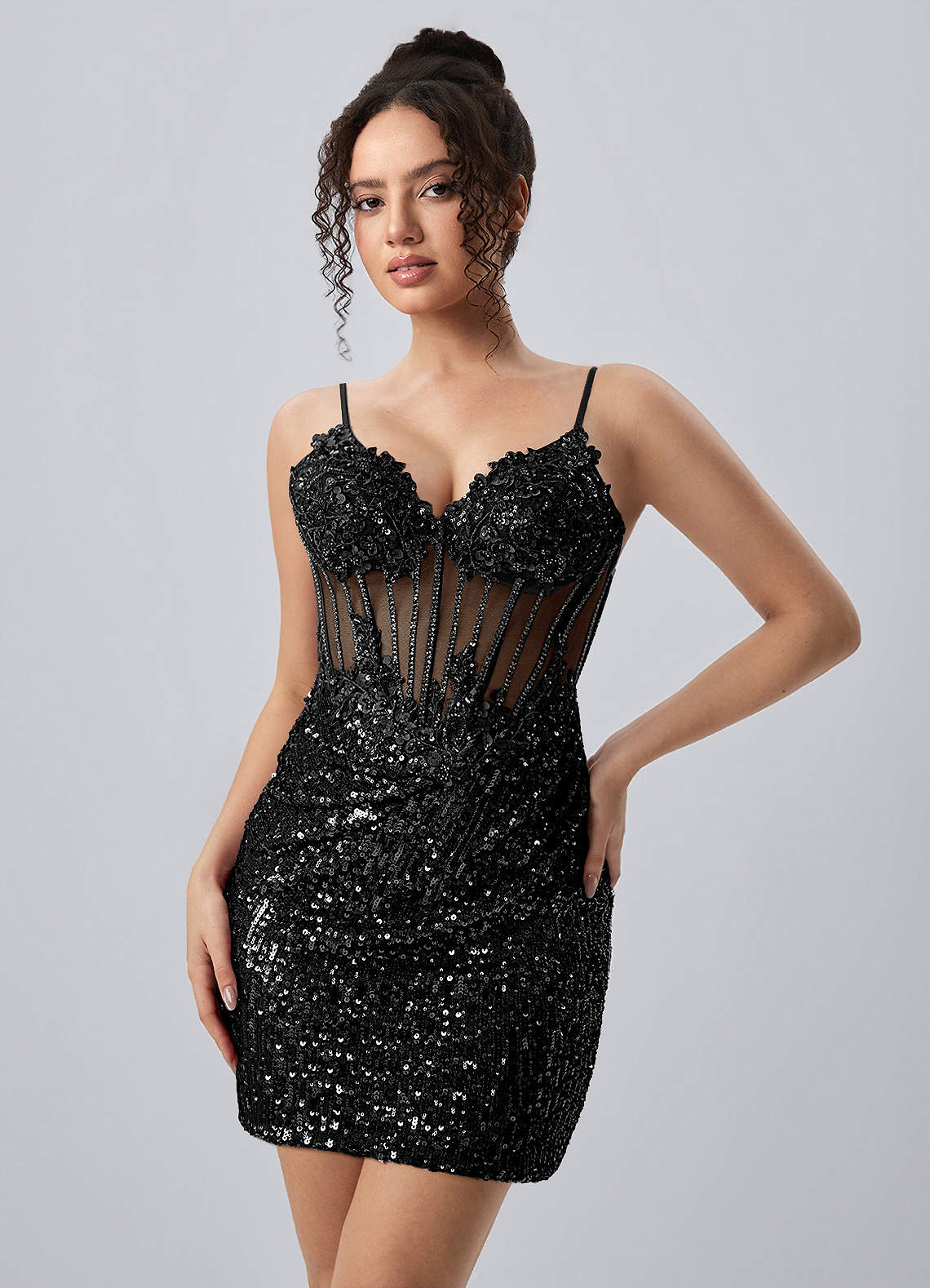 Martine Bodycon Mini V-Neck Sequin Mesh Prom Dress in black