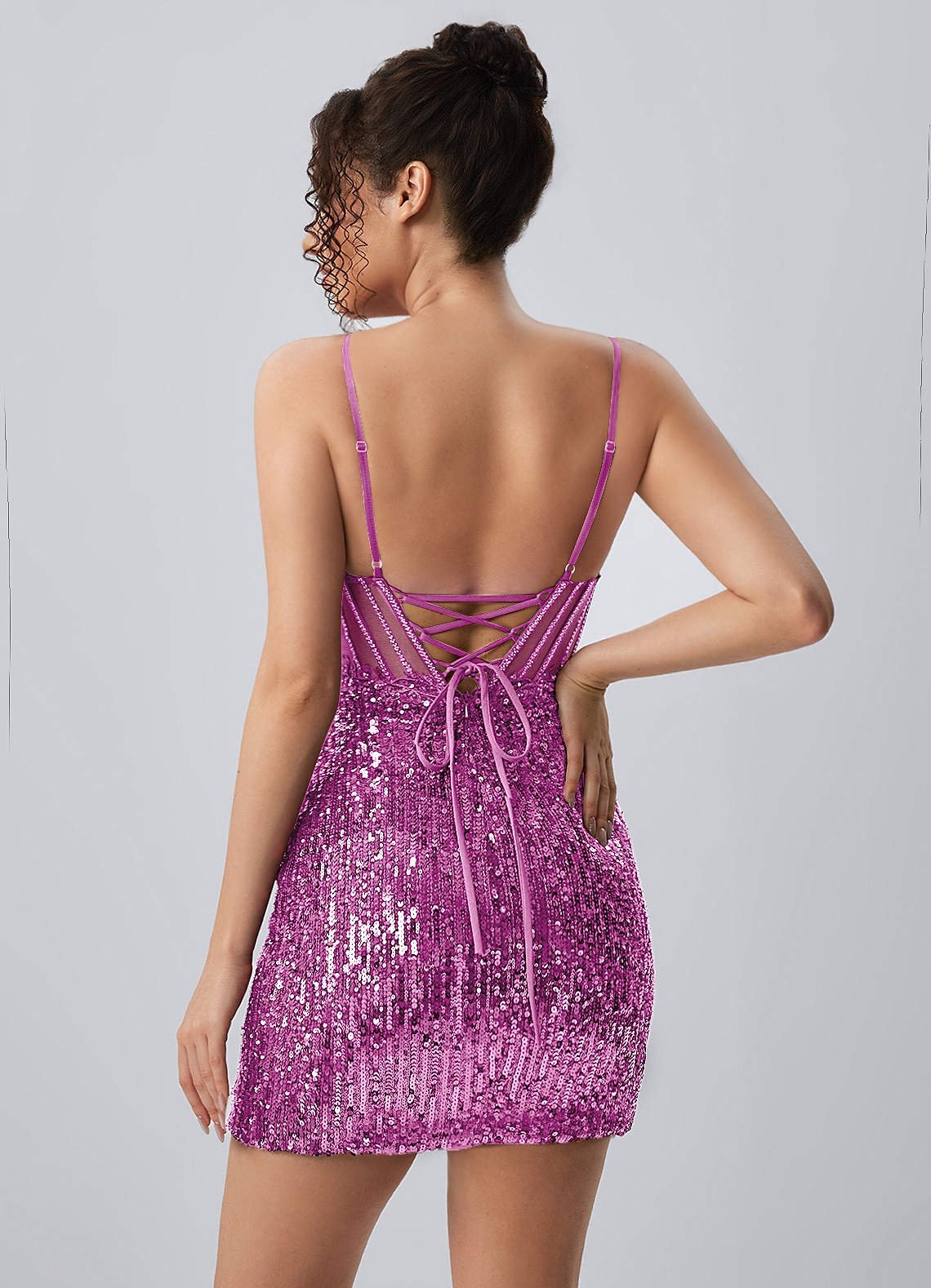 Martine Bodycon Mini V-Neck Sequin Mesh Prom Dress in Purple