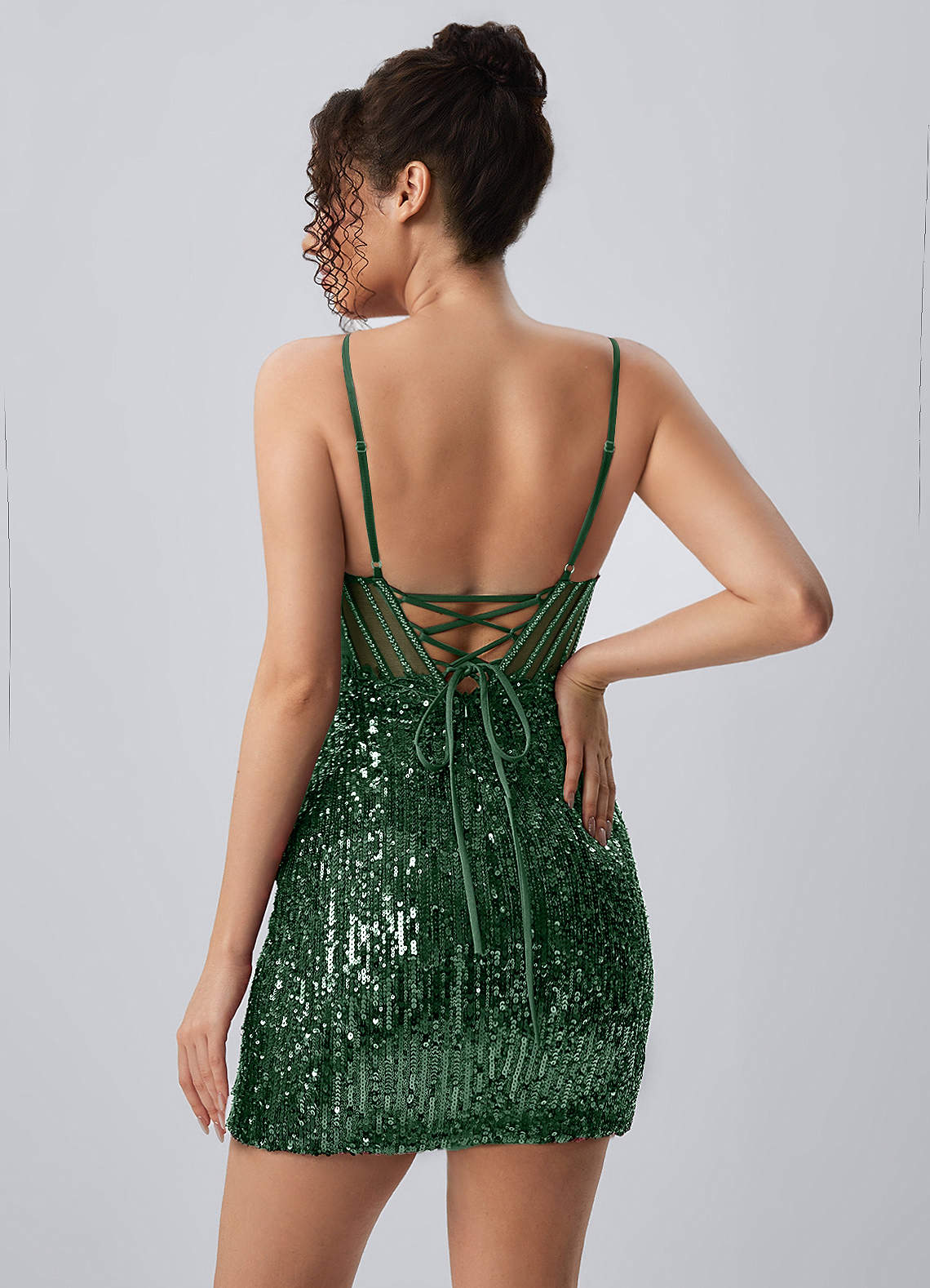 Martine Bodycon Mini V-Neck Sequin Mesh Prom Dress in Dark Green