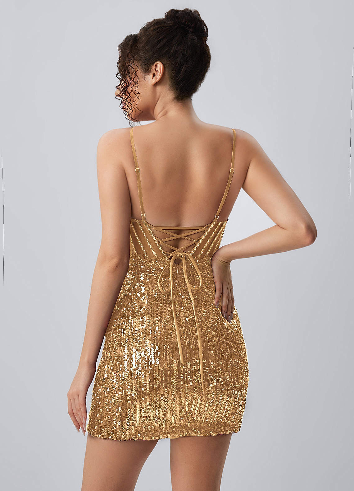 Martine Bodycon Mini V-Neck Sequin Mesh Prom Dress in champagne