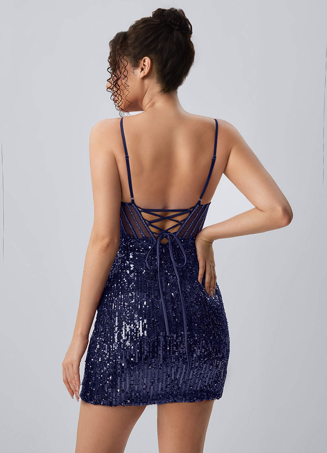 Martine Bodycon Mini V-Neck Sequin Mesh Prom Dress in Navy