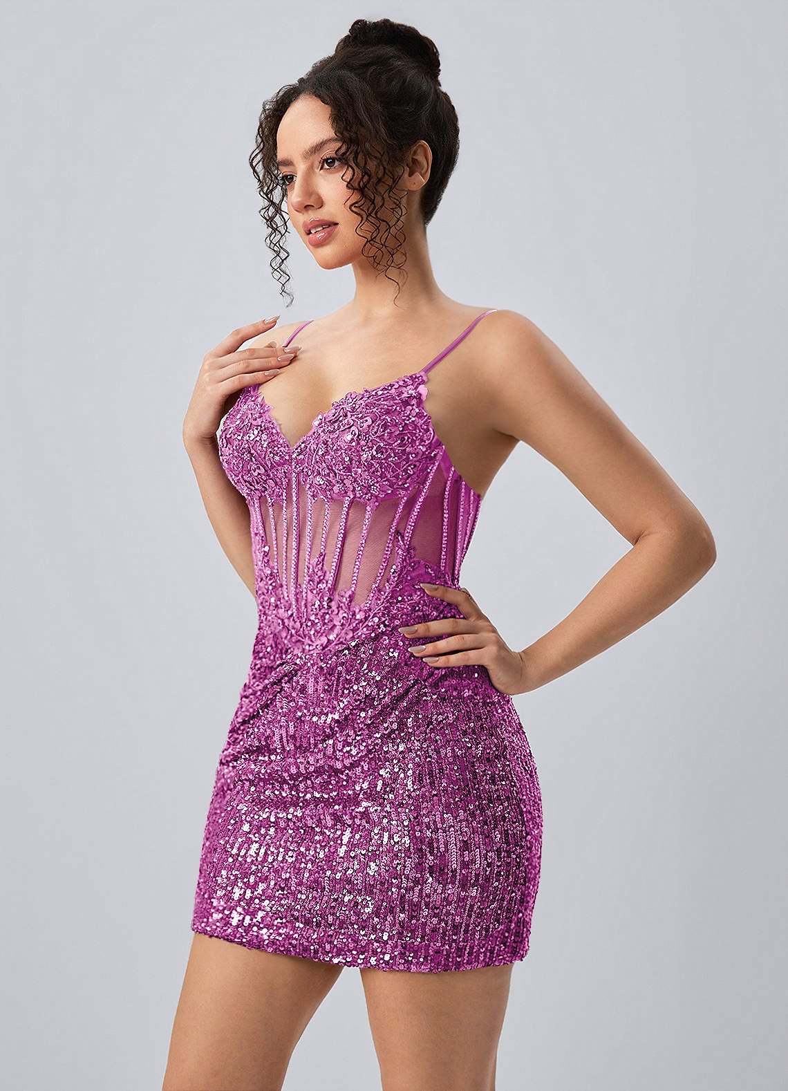Martine Bodycon Mini V-Neck Sequin Mesh Prom Dress in Purple