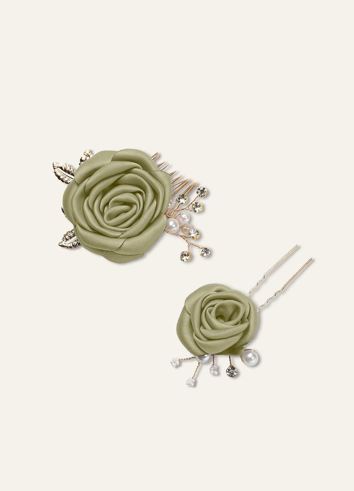 Matching Color Matte Satin Rose Hairpin Set — Moss Green — 图 2/244