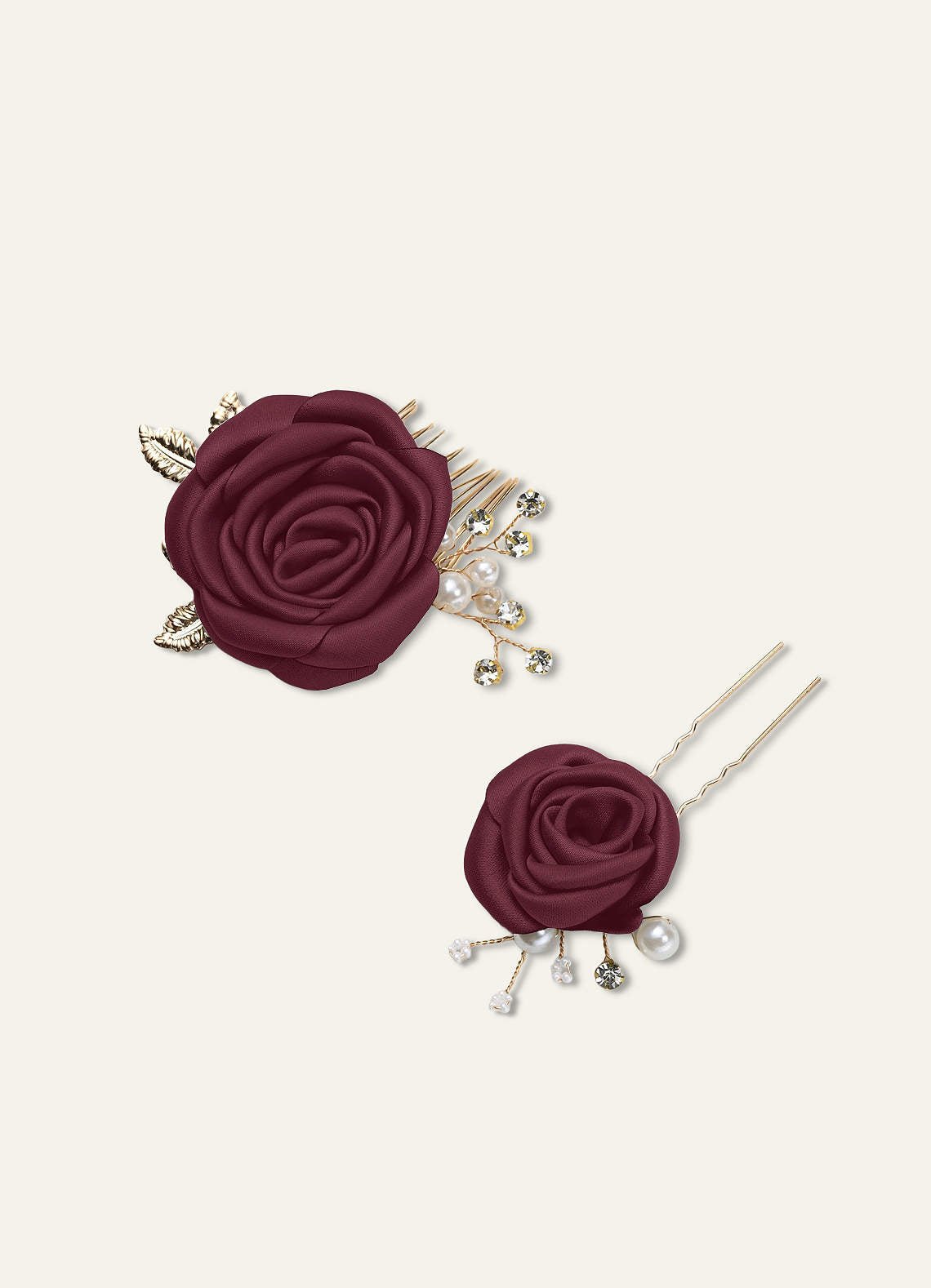 Matching Color Matte Satin Rose Hairpin Set — Cabernet — 图 48/244