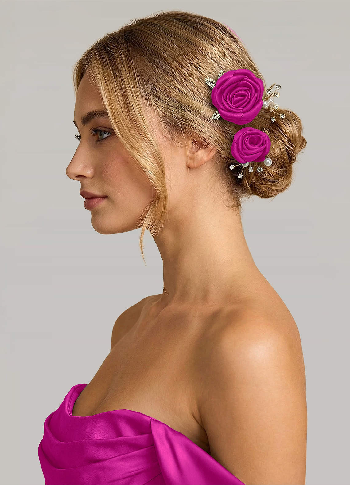Matching Color Matte Satin Rose Hairpin Set — Fuchsia — 图 214/244