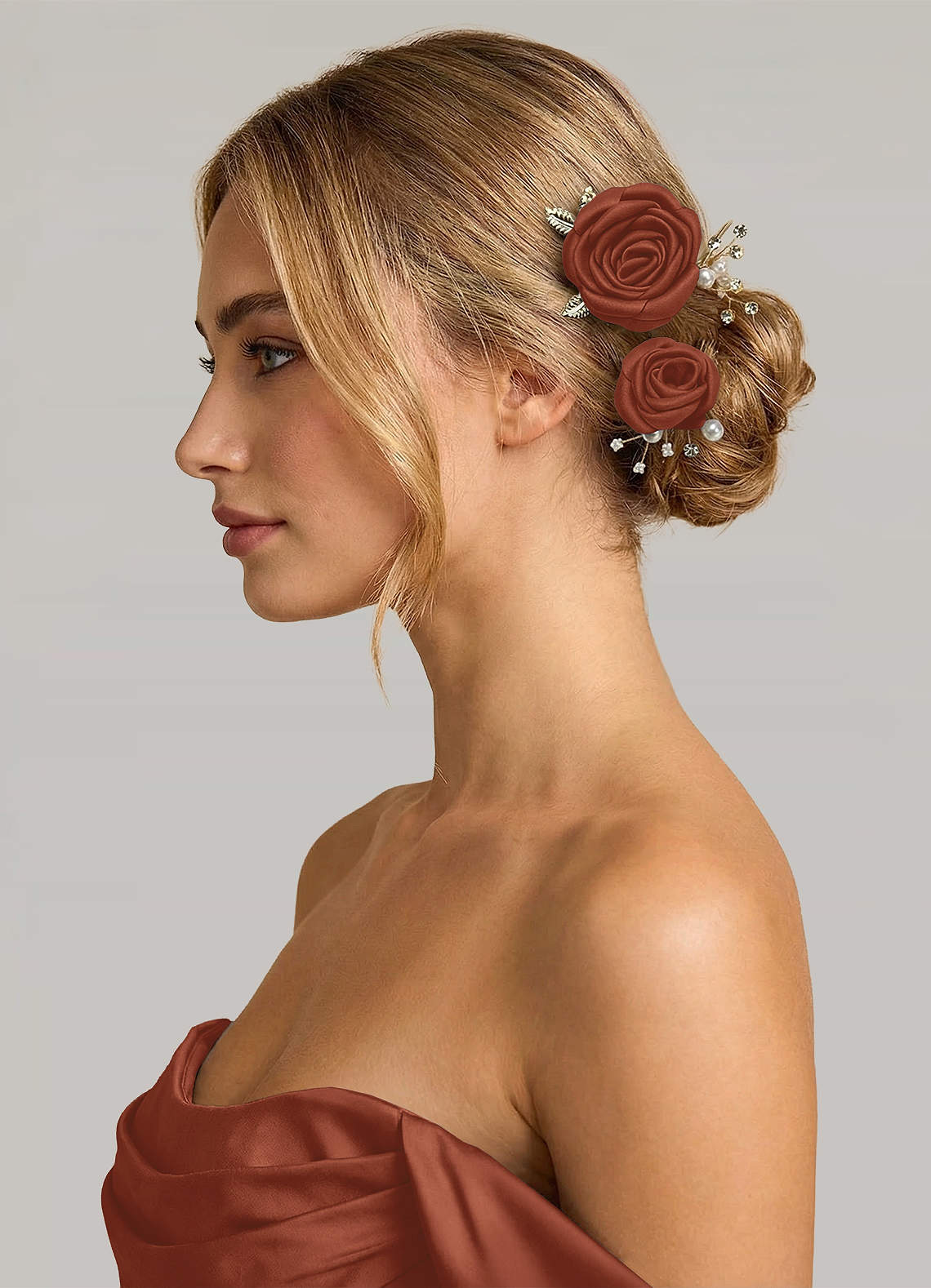 Matching Color Matte Satin Rose Hairpin Set — Auburn — 图 233/244