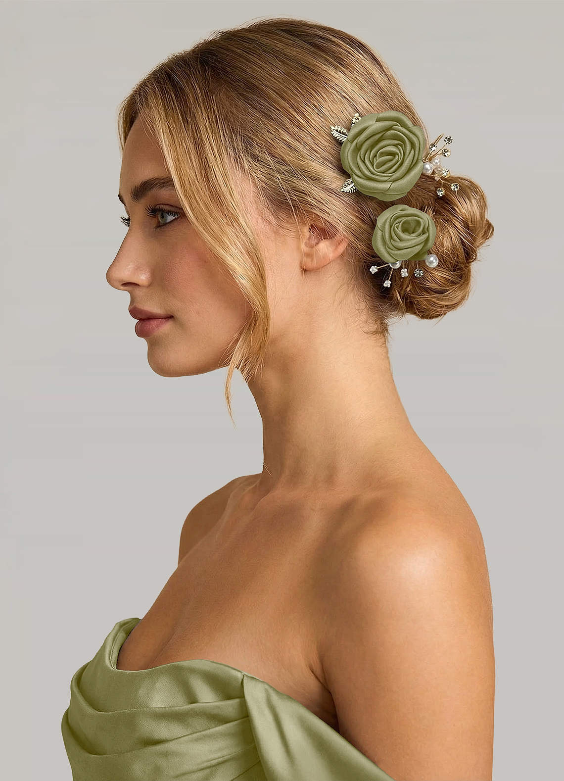 Matching Color Matte Satin Rose Hairpin Set — Moss Green — 图 185/244