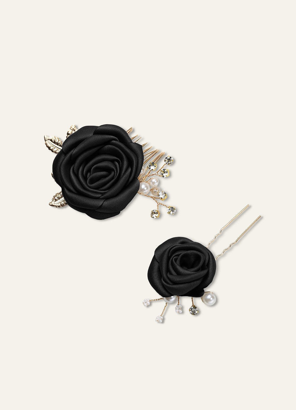 Matching Color Matte Satin Rose Hairpin Set — black — 图 59/244