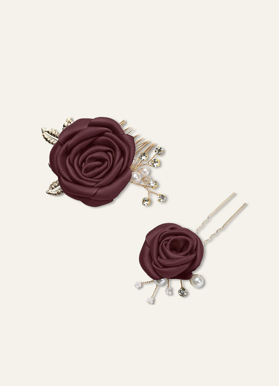 Matching Color Matte Satin Rose Hairpin Set — Sangria — 图 39/244