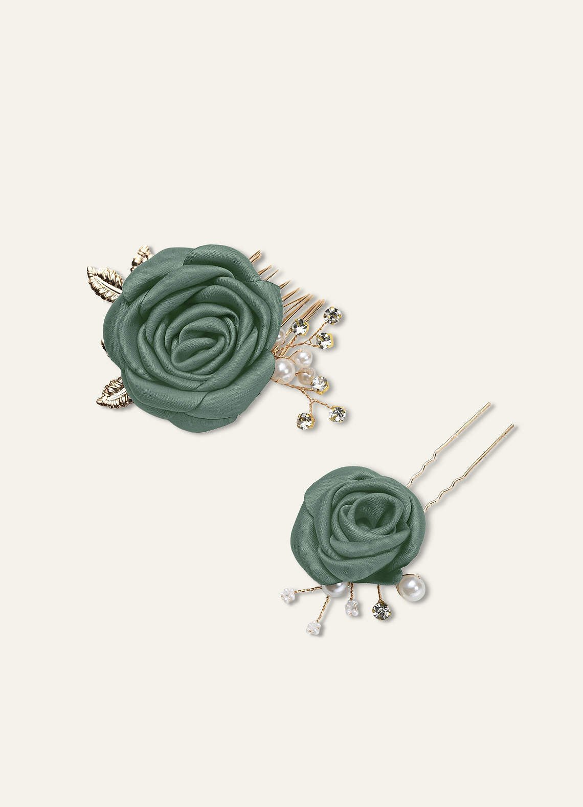 Matching Color Matte Satin Rose Hairpin Set — eucalyptus — 图 5/244