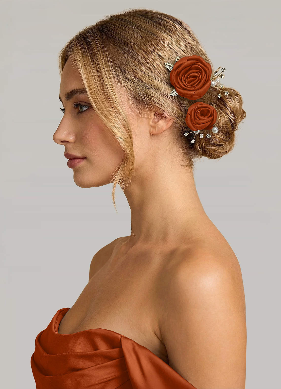Matching Color Matte Satin Rose Hairpin Set — Burnt Orange — 图 234/244