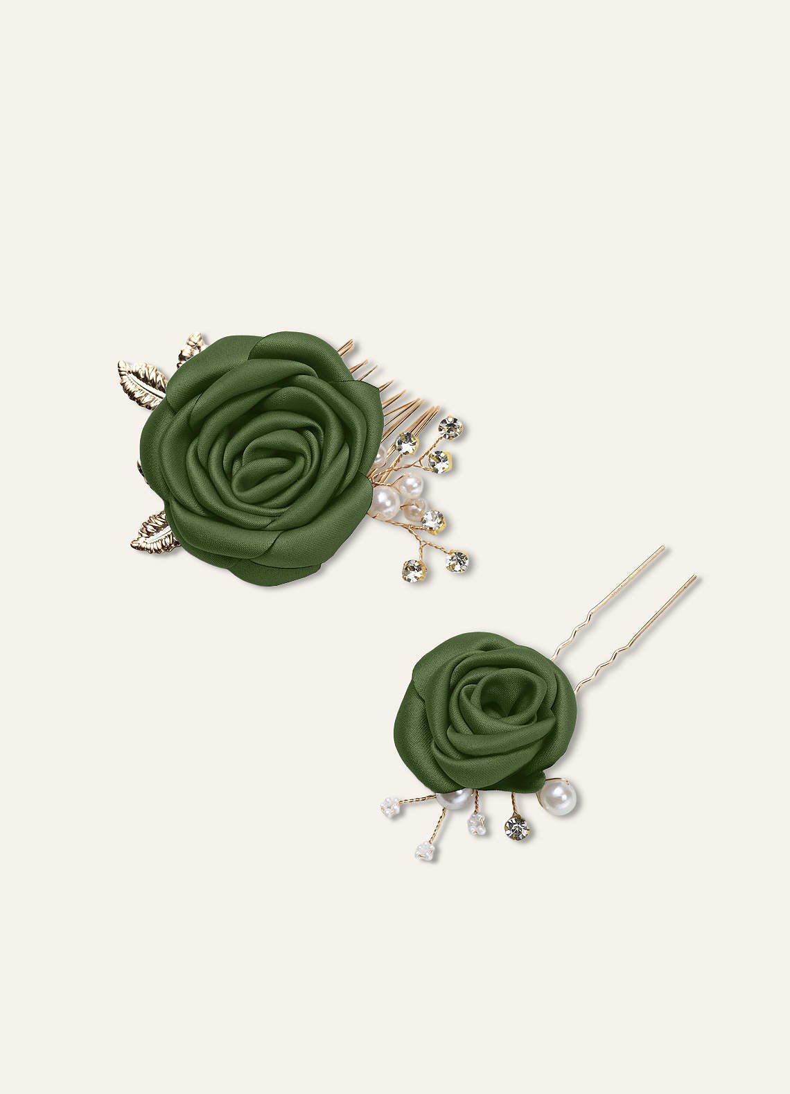 Matching Color Matte Satin Rose Hairpin Set — Olive — 图 7/244