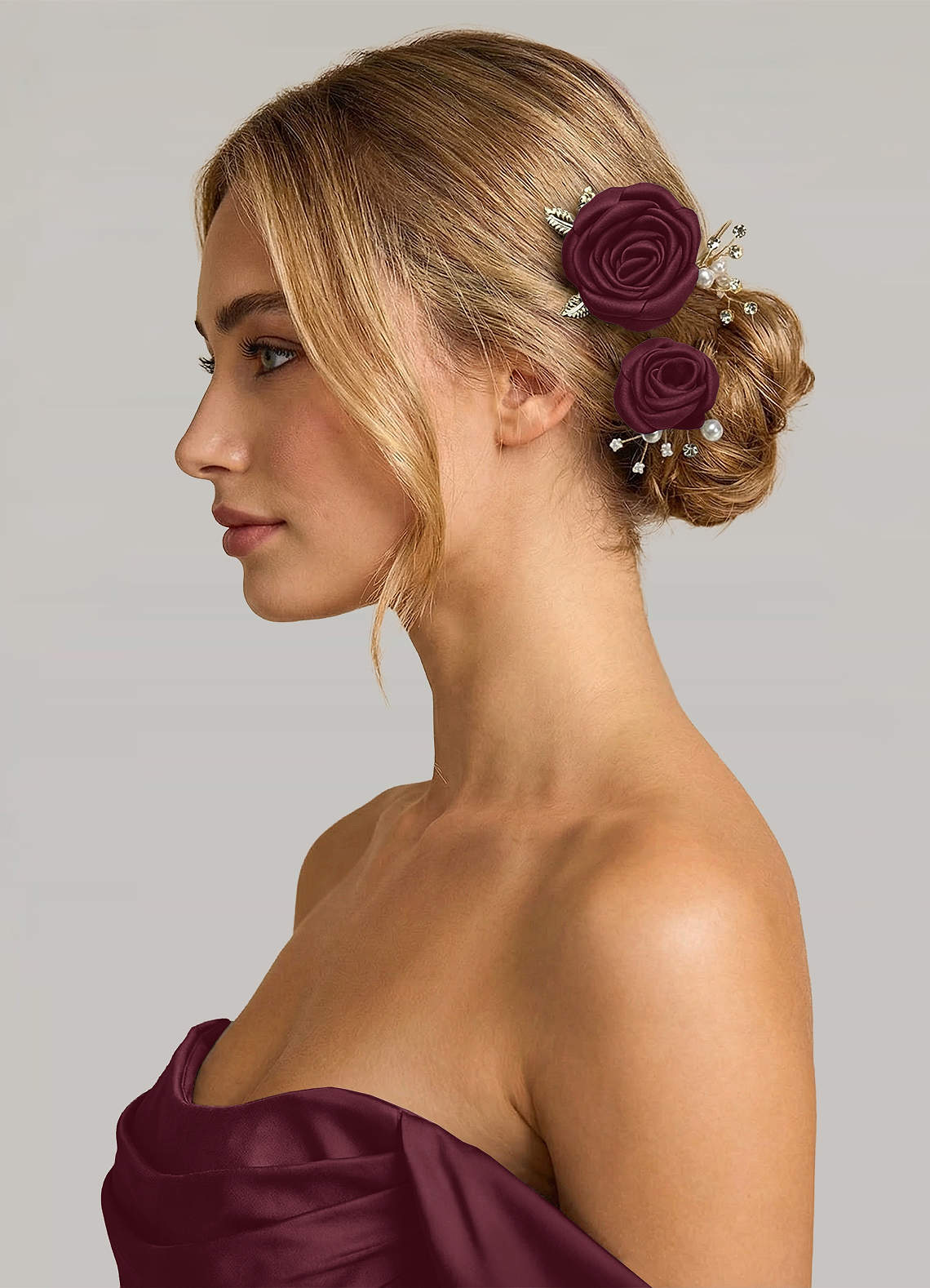 Matching Color Matte Satin Rose Hairpin Set — Cabernet — 图 231/244
