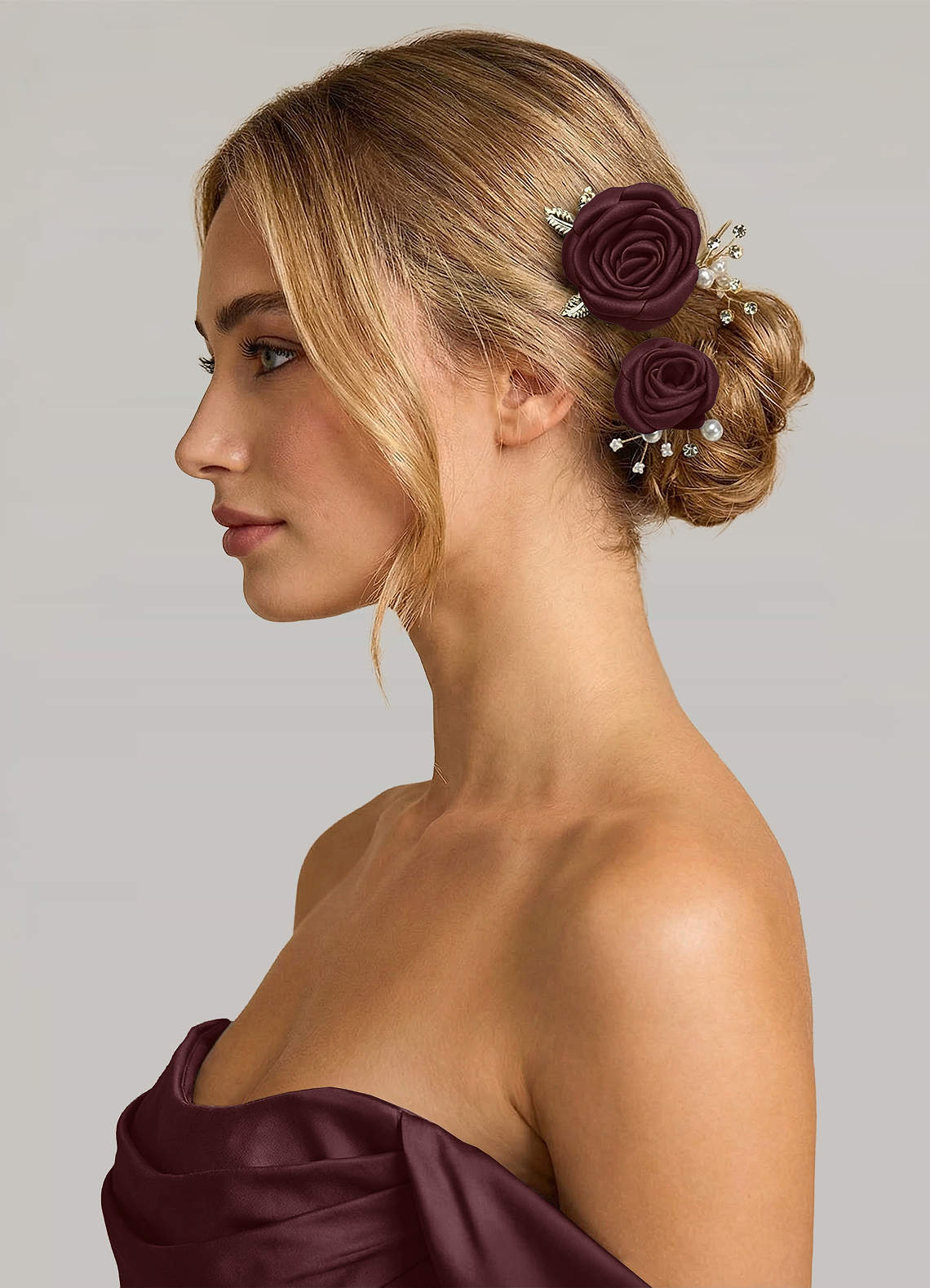 Matching Color Matte Satin Rose Hairpin Set — Sangria — 图 222/244
